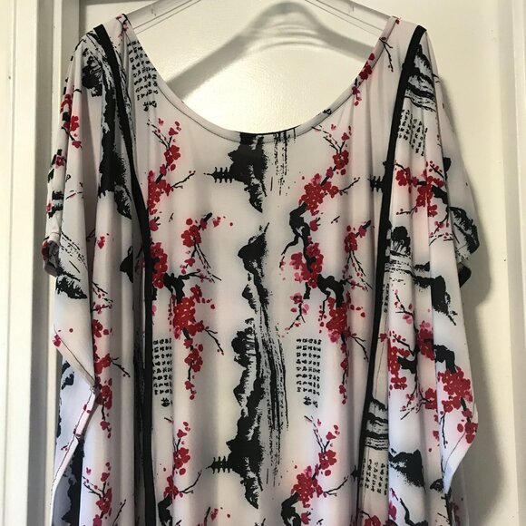 Sakura Cherry Blossom Landscape Print Maxi Caftan Japanese Asian White PinkBlack - Picture 4 of 6